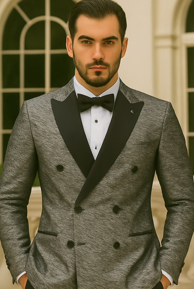 Silver Double Breasted Rough Streak Pattern Satin Peak Lapel Stacy Adams Men's Jacket - 34 Short or Extra Small