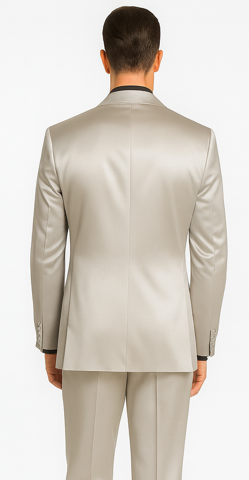 Men's Silver Satin Slim Fit Tazzio 3 Piece Suit with Peak Lapel Jacket â€“ Premium Formalwear