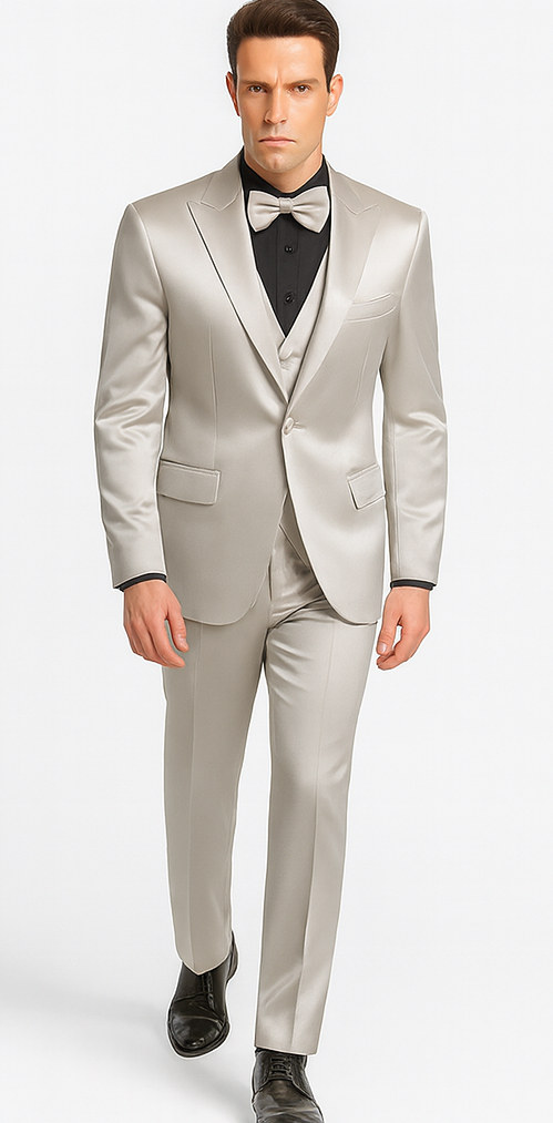 Men's Silver Satin Slim Fit Tazzio 3 Piece Suit with Peak Lapel Jacket â€“ Premium Formalwear