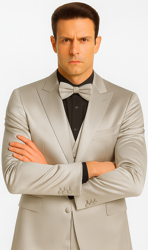 Men's Silver Satin Slim Fit Tazzio 3 Piece Suit with Peak Lapel Jacket â€“ Premium Formalwear