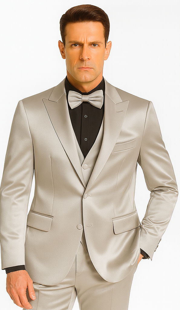 Men's Silver Satin Slim Fit Tazzio 3 Piece Suit with Peak Lapel Jacket â€“ Premium Formalwear