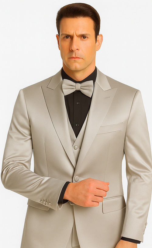 Men's Silver Satin Slim Fit Tazzio 3 Piece Suit with Peak Lapel Jacket â€“ Premium Formalwear