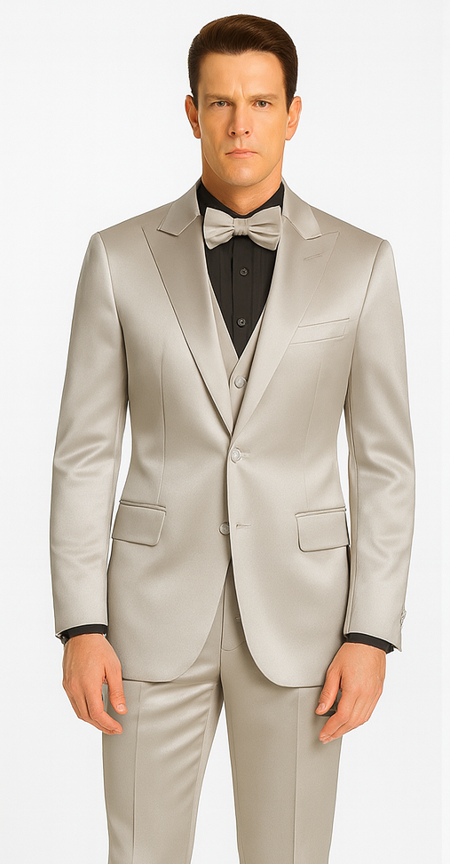 Men's Silver Satin Slim Fit Tazzio 3 Piece Suit with Peak Lapel Jacket â€“ Premium Formalwear