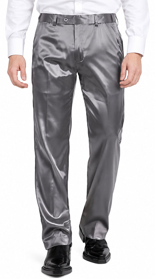 Mens Shiny Stretch Pants Solid Color Slim Fit Sateen Flashy Metallic Slacks in Color "Grey"