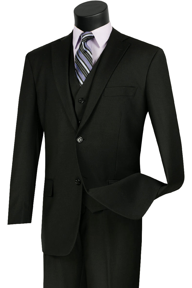 Mens Classic Fit Flat Front Vested Suit in Black - 36 Short