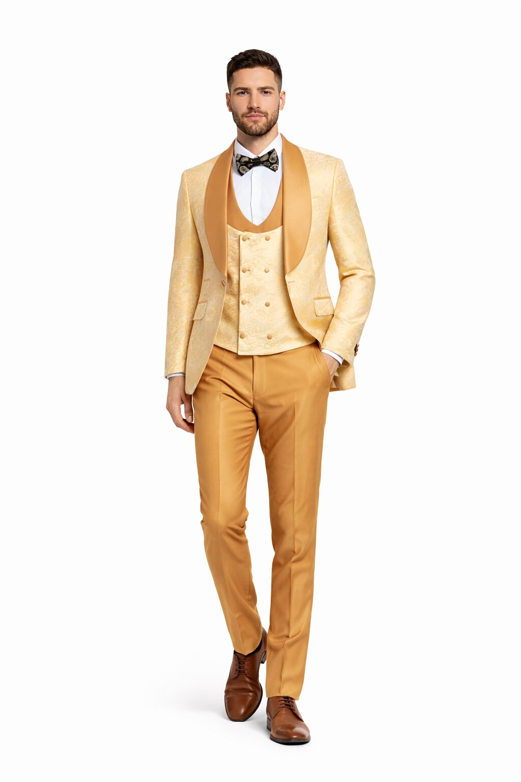 Gold Paisley 3-Piece Skinny Fit Suit – Wide Shawl Lapel with Matching Bow Tie - 34 Short or Extra Small