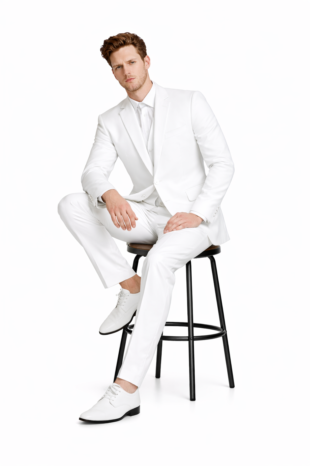 SKU#JA61389 Seersucker Suit - Summer Suit - Cotton Suit - White-New Designer Collection - 38 Short Jacket+32 Waist Adjustable 28to34)(Height: 5 4 to5 7 )(Neck  15-16.5)S-M)