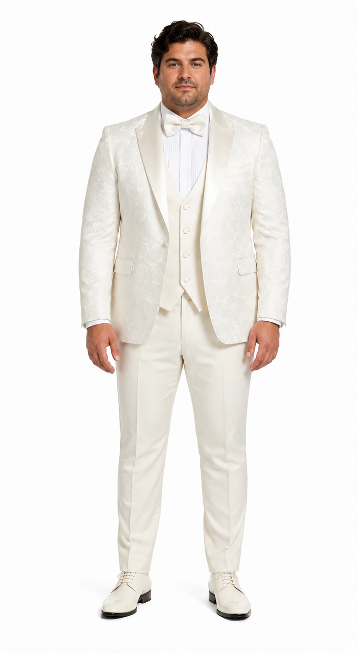 SKU#JA61572 Cream Suit - Ivory Tuxedo - Off White Paisley Suit - Floral Tuxedo - Wedding Tuxedo