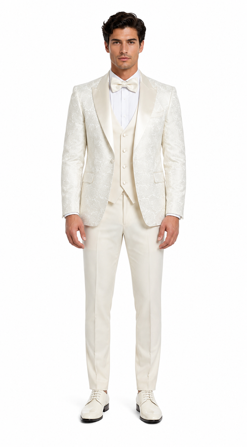 SKU#JA61572 Cream Suit - Ivory Tuxedo - Off White Paisley Suit - Floral Tuxedo - Wedding Tuxedo