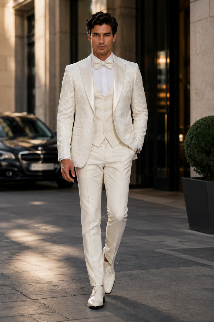 SKU#JA61572 Cream Suit - Ivory Tuxedo - Off White Paisley Suit - Floral Tuxedo - Wedding Tuxedo