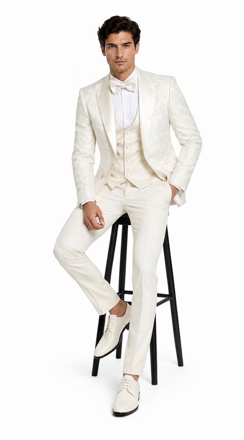 SKU#JA61572 Cream Suit - Ivory Tuxedo - Off White Paisley Suit - Floral Tuxedo - Wedding Tuxedo