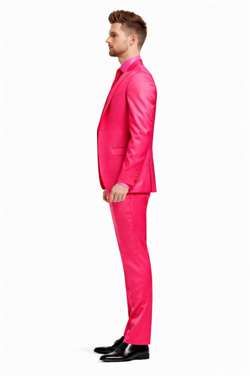 SKU#JA61711 Mens Shiny Blazer - Hot Pink Sateen Vested Suit-New Designer Collection - S or Small