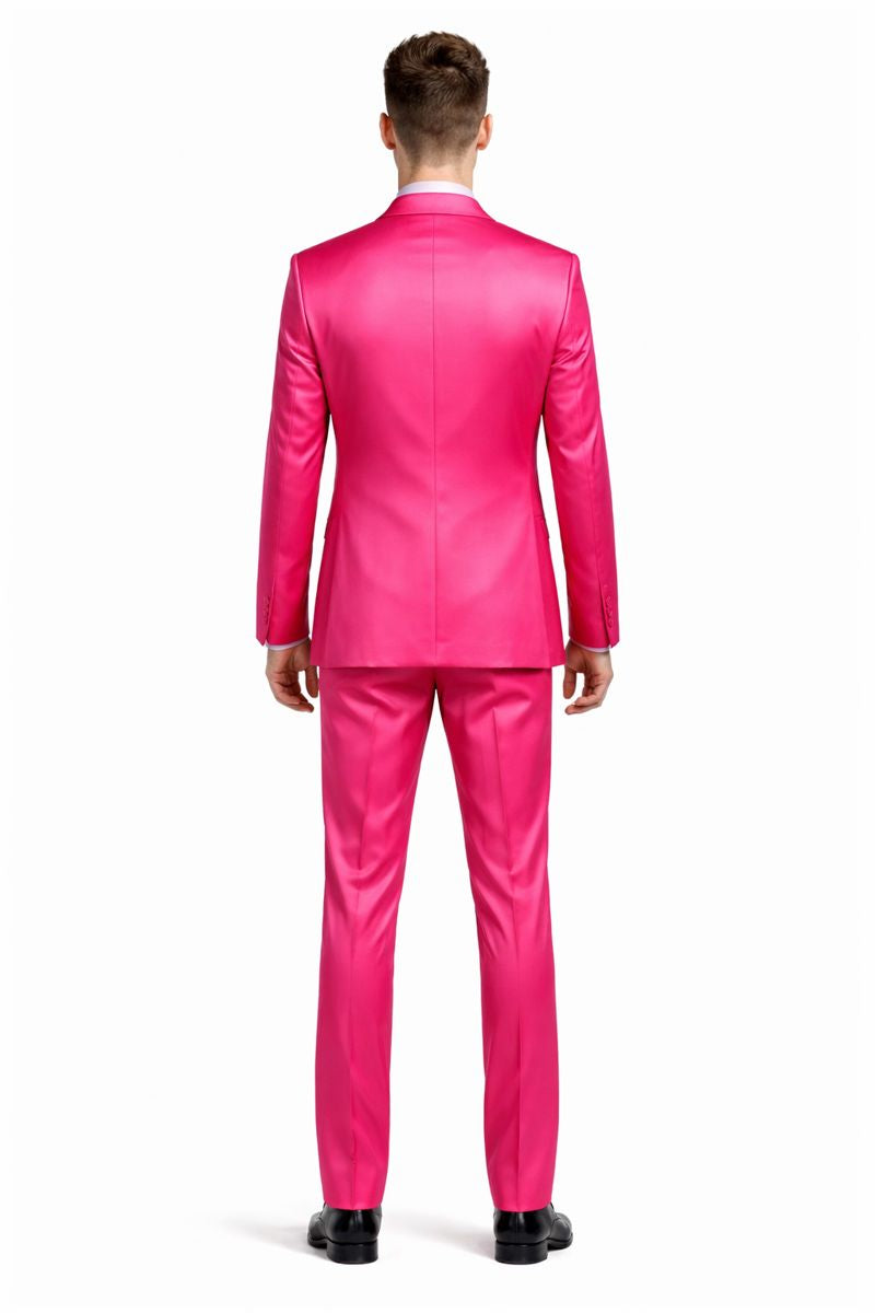 SKU#JA61711 Mens Shiny Blazer - Hot Pink Sateen Vested Suit-New Designer Collection - S or Small