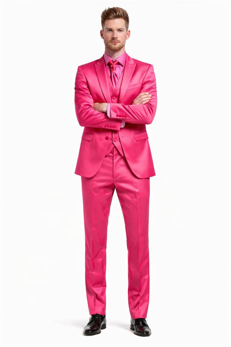 SKU#JA61711 Mens Shiny Blazer - Hot Pink Sateen Vested Suit-New Designer Collection - S or Small