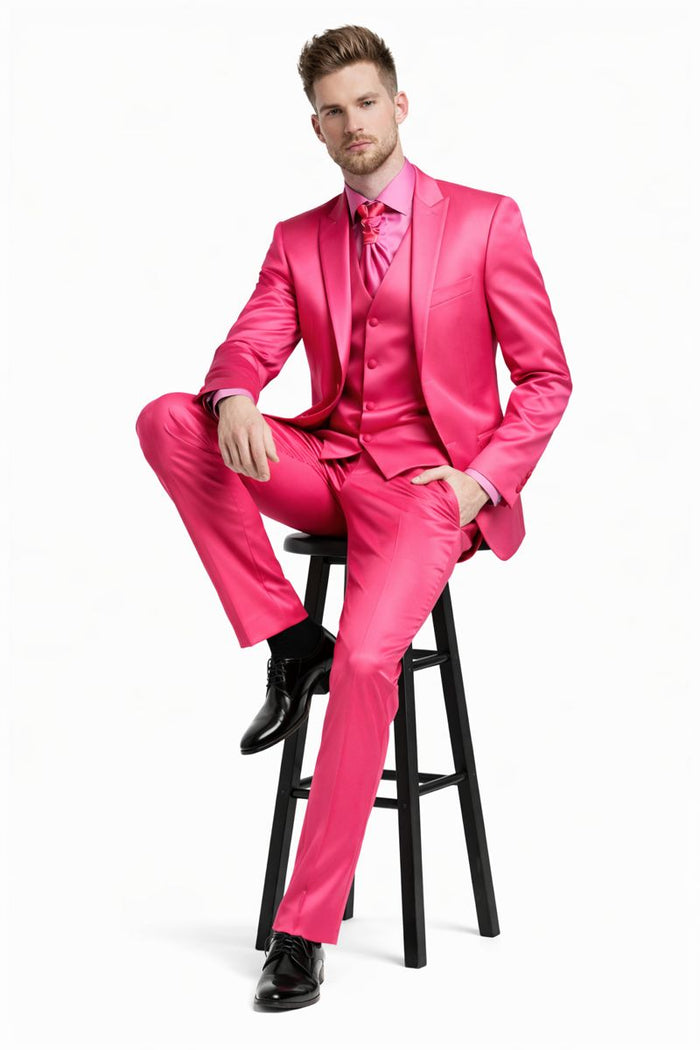SKU#JA61711 Mens Shiny Blazer - Hot Pink Sateen Vested Suit-New Designer Collection