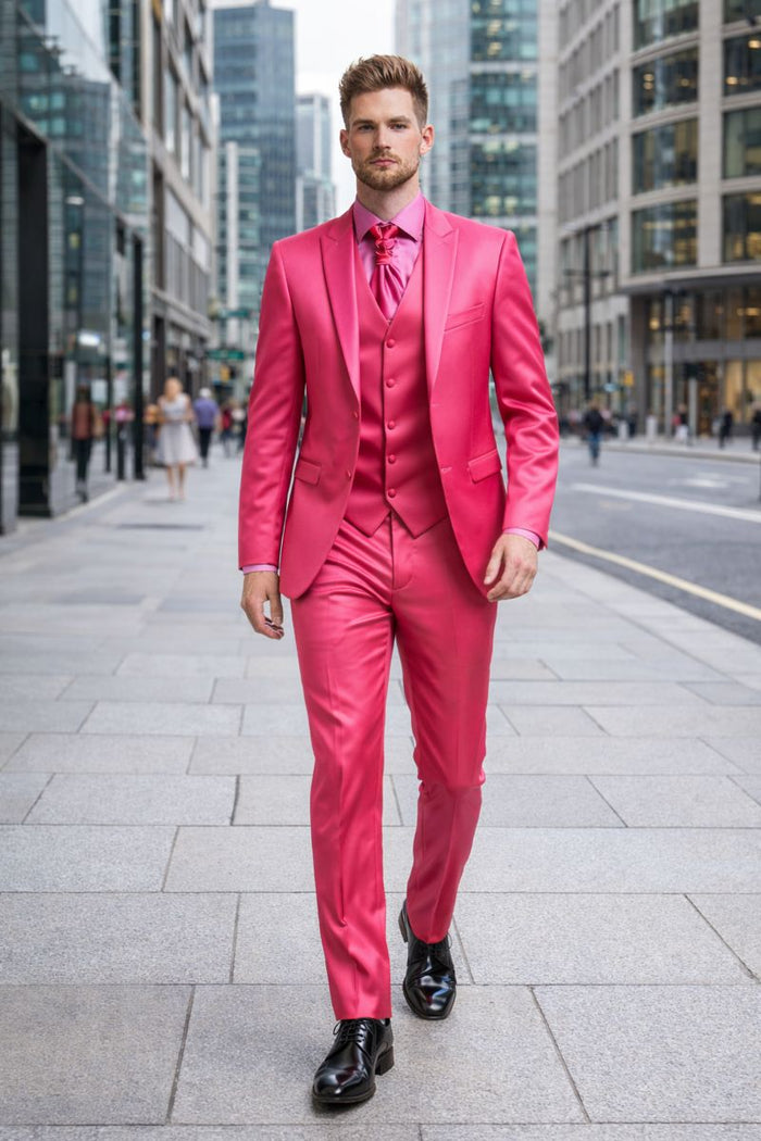 SKU#JA61711 Mens Shiny Blazer - Hot Pink Sateen Vested Suit-New Designer Collection