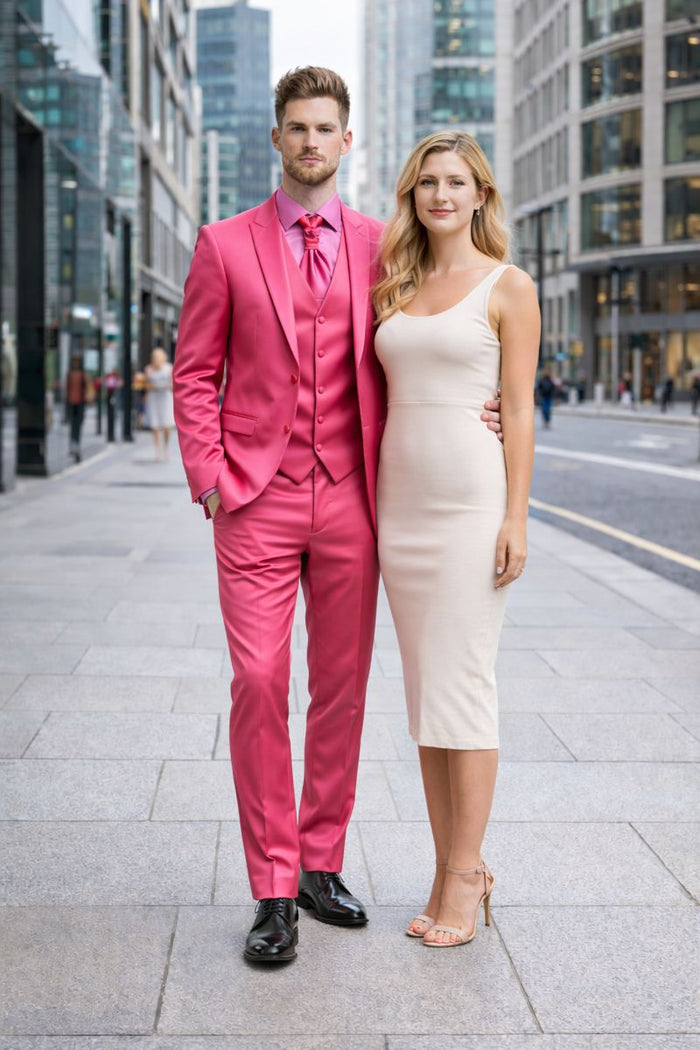 SKU#JA61711 Mens Shiny Blazer - Hot Pink Sateen Vested Suit-New Designer Collection