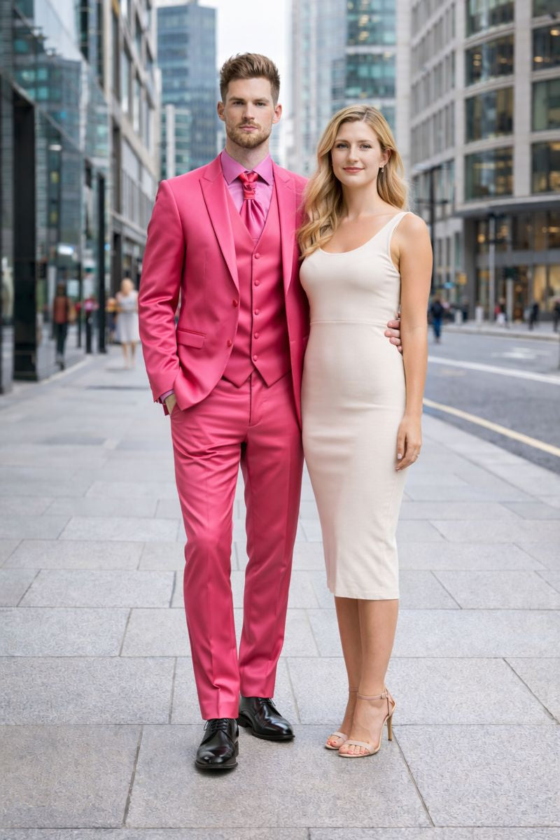 SKU#JA61711 Mens Shiny Blazer - Hot Pink Sateen Vested Suit-New Designer Collection - S or Small