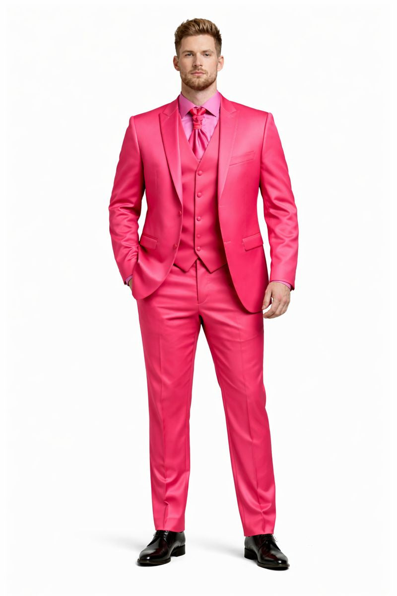 SKU#JA61711 Mens Shiny Blazer - Hot Pink Sateen Vested Suit-New Designer Collection - S or Small
