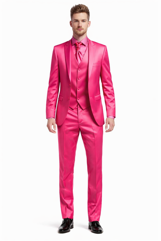 SKU#JA61711 Mens Shiny Blazer - Hot Pink Sateen Vested Suit-New Designer Collection