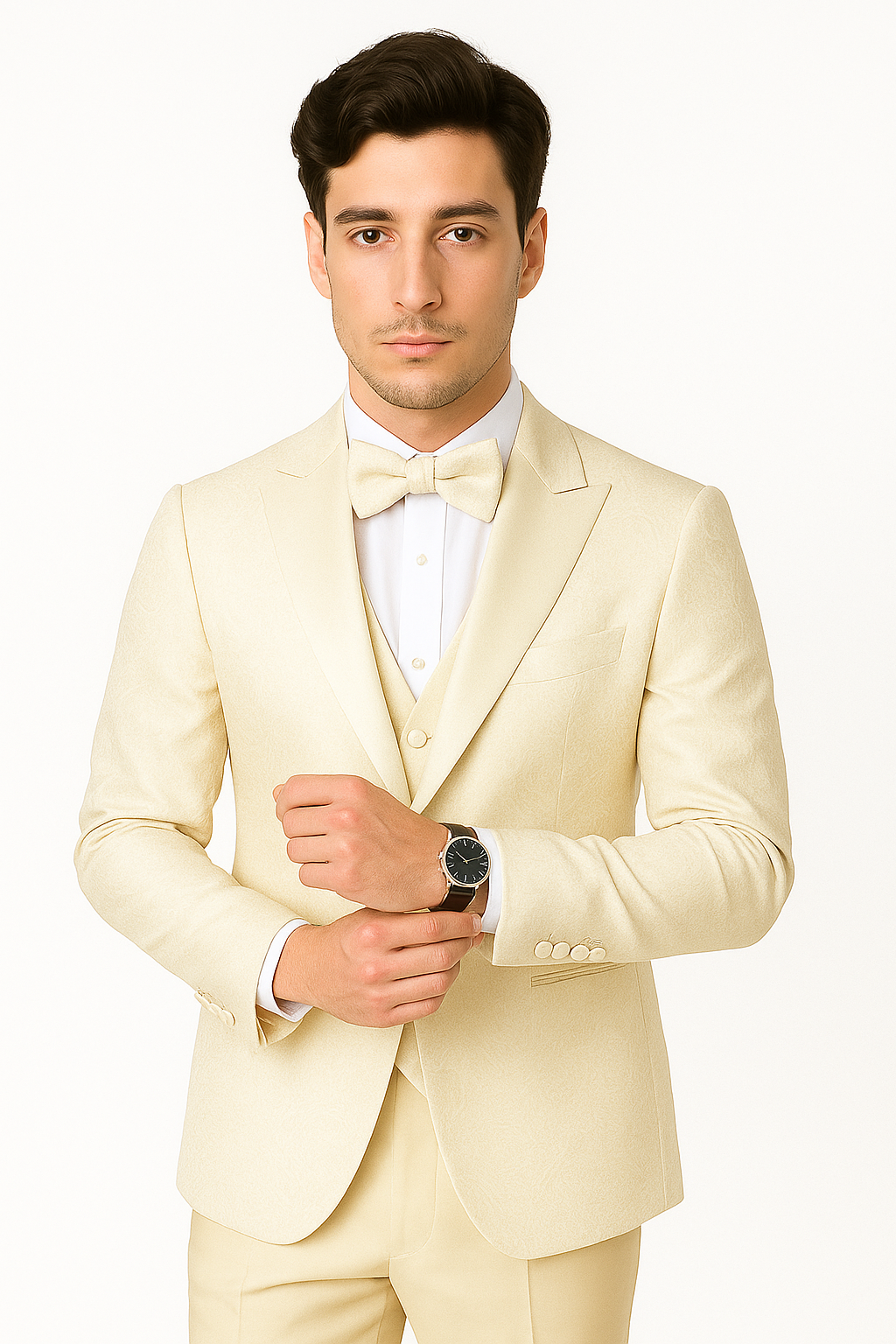 SKU#JA61572 Cream Suit - Ivory Tuxedo - Off White Paisley Suit - Floral Tuxedo - Wedding Tuxedo - 38 Short Jacket+32 Waist Adjustable 28to34)(Height: 5’4”to5’7”)(Neck 15-16.5)S-M)