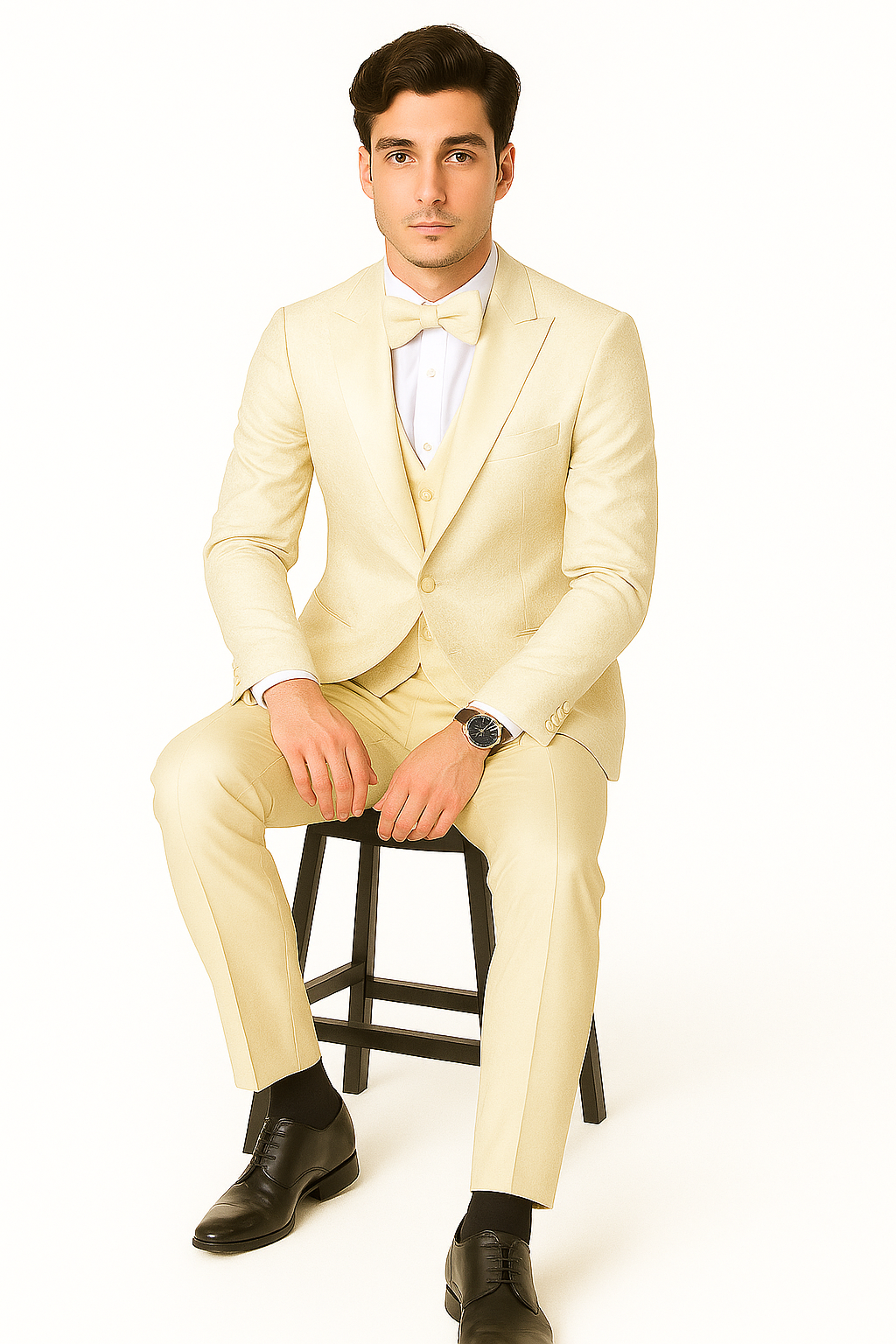 SKU#JA61572 Cream Suit - Ivory Tuxedo - Off White Paisley Suit - Floral Tuxedo - Wedding Tuxedo - 38 Short Jacket+32 Waist Adjustable 28to34)(Height: 5’4”to5’7”)(Neck 15-16.5)S-M)