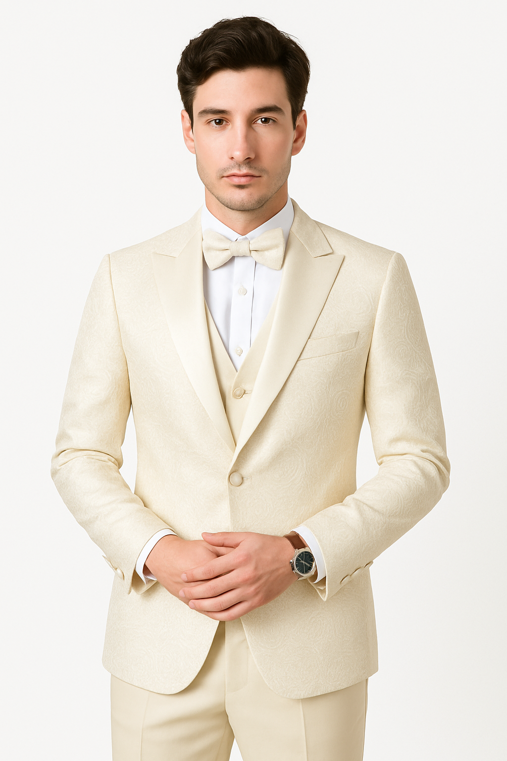 SKU#JA61572 Cream Suit - Ivory Tuxedo - Off White Paisley Suit - Floral Tuxedo - Wedding Tuxedo - 38 Short Jacket+32 Waist Adjustable 28to34)(Height: 5’4”to5’7”)(Neck 15-16.5)S-M)