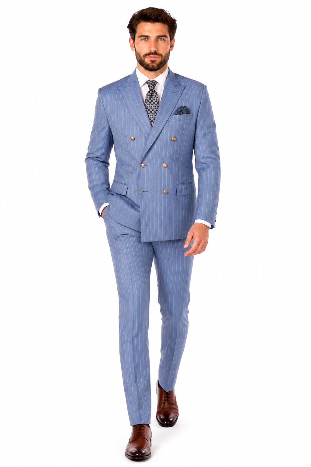 Sky Blue Stripe - Double Breasted Pinstripe Suit-New Designer Collection - 38 Short Jacket+32 Waist Adjustable 28to34)(Height: 5 4 to5 7 )(Neck  15-16.5)S-M)