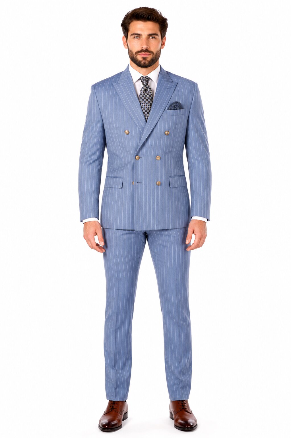 Sky Blue Stripe - Double Breasted Pinstripe Suit-New Designer Collection - 38 Short Jacket+32 Waist Adjustable 28to34)(Height: 5 4 to5 7 )(Neck  15-16.5)S-M)