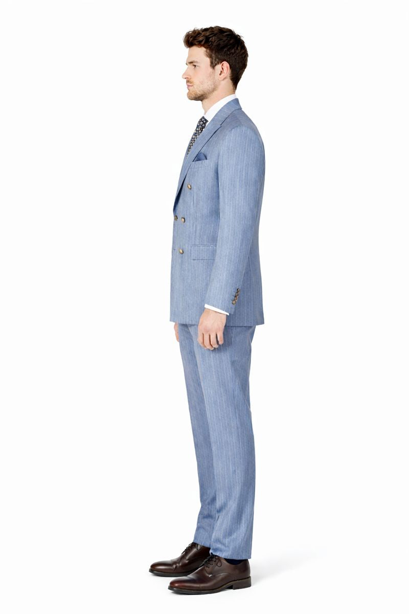 Sky Blue Stripe - Double Breasted Pinstripe Suit-New Designer Collection - 38 Short Jacket+32 Waist Adjustable 28to34)(Height: 5 4 to5 7 )(Neck  15-16.5)S-M)