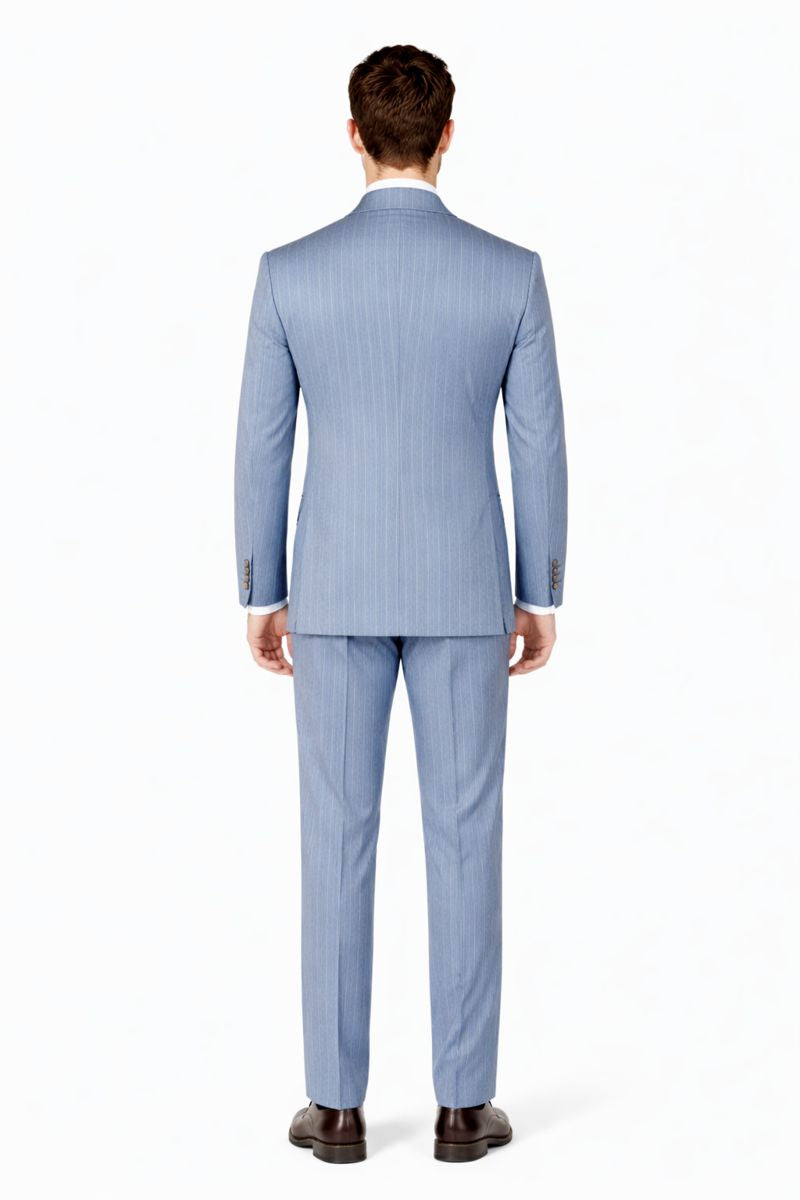 Sky Blue Stripe - Double Breasted Pinstripe Suit-New Designer Collection - 38 Short Jacket+32 Waist Adjustable 28to34)(Height: 5 4 to5 7 )(Neck  15-16.5)S-M)