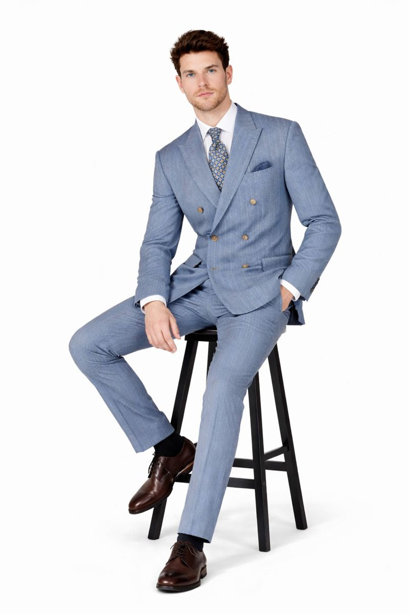 Sky Blue Stripe - Double Breasted Pinstripe Suit-New Designer Collection - 38 Short Jacket+32 Waist Adjustable 28to34)(Height: 5 4 to5 7 )(Neck  15-16.5)S-M)
