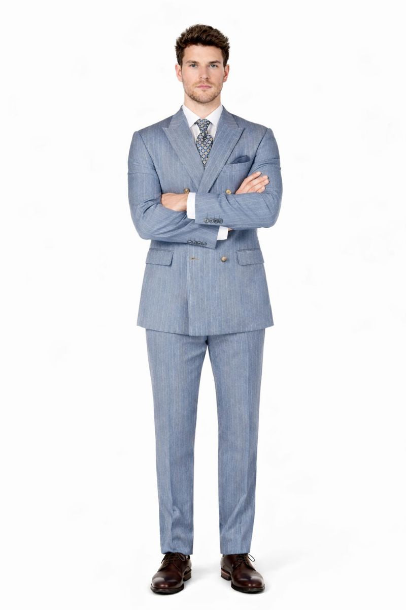 Sky Blue Stripe - Double Breasted Pinstripe Suit-New Designer Collection - 38 Short Jacket+32 Waist Adjustable 28to34)(Height: 5 4 to5 7 )(Neck  15-16.5)S-M)