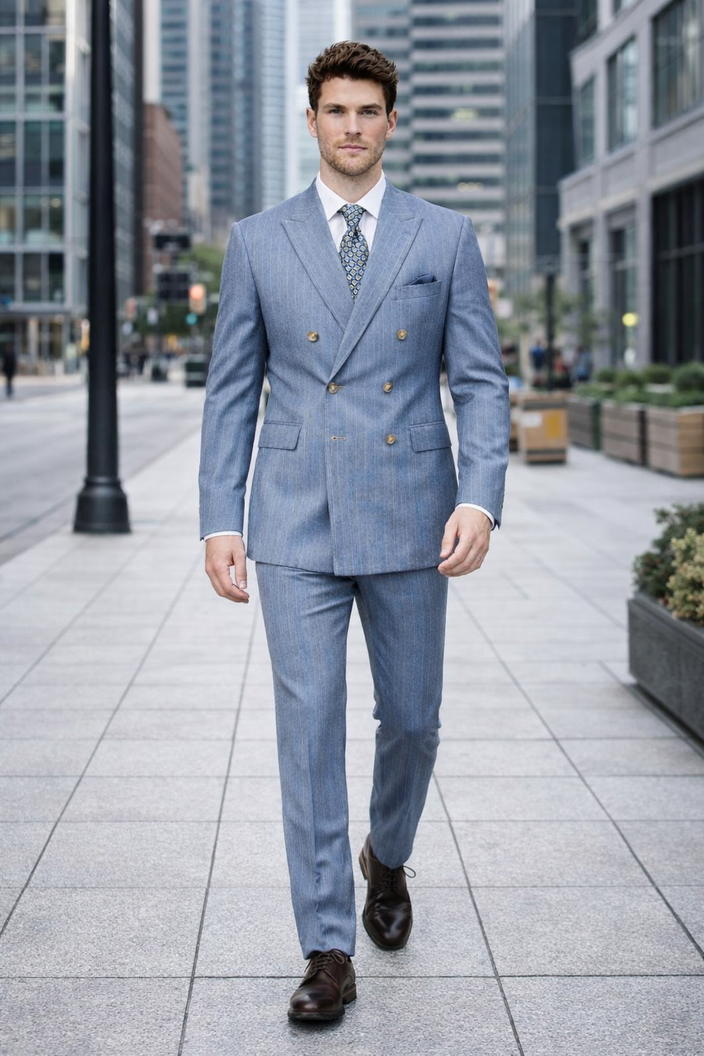 Sky Blue Stripe - Double Breasted Pinstripe Suit-New Designer Collection - 38 Short Jacket+32 Waist Adjustable 28to34)(Height: 5 4 to5 7 )(Neck  15-16.5)S-M)