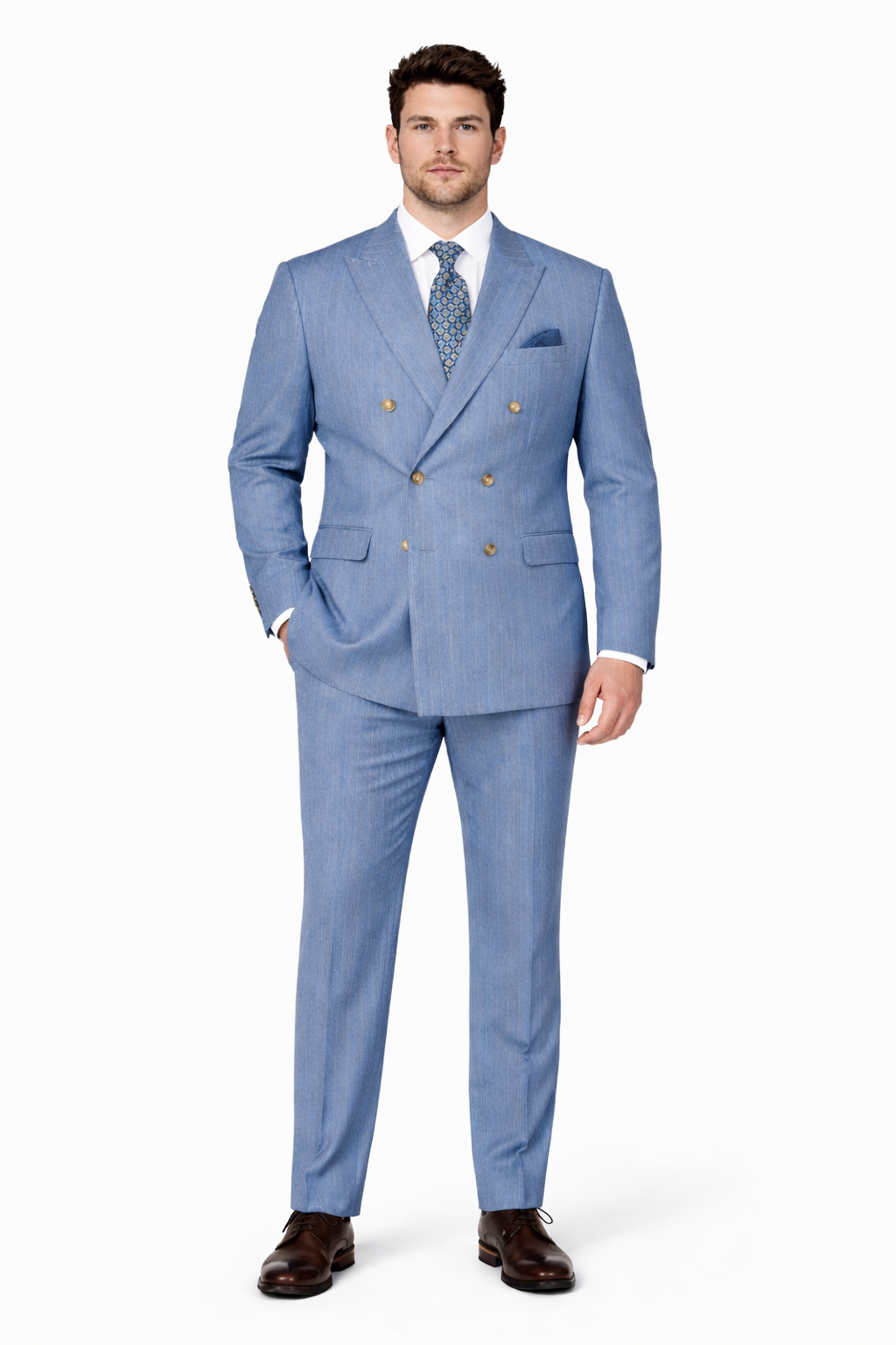 Sky Blue Stripe - Double Breasted Pinstripe Suit-New Designer Collection - 38 Short Jacket+32 Waist Adjustable 28to34)(Height: 5 4 to5 7 )(Neck  15-16.5)S-M)