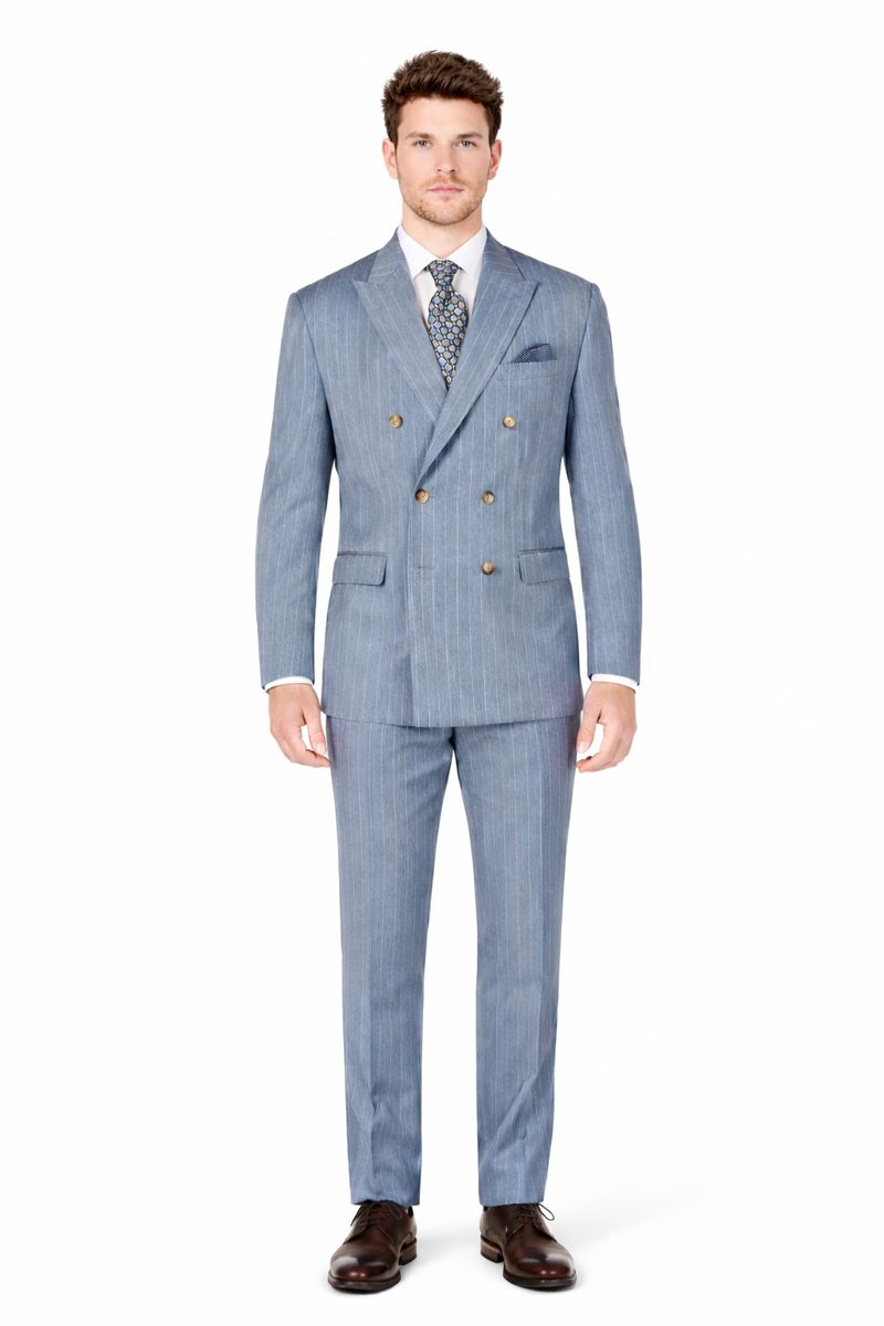 Sky Blue Stripe - Double Breasted Pinstripe Suit-New Designer Collection - 38 Short Jacket+32 Waist Adjustable 28to34)(Height: 5 4 to5 7 )(Neck  15-16.5)S-M)