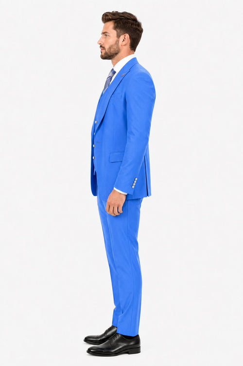 Men's Sky Blue Statement Ticket Pocket Peak Lapel Wool Double Breasted Vest Suit with Silver Buttons – Modern Fit