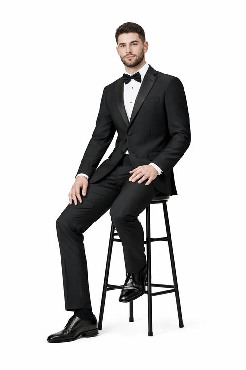Tiglio Mens Slim Fit Black Wool Tuxedo Satin Peak Lapel Formal Dinner Suit