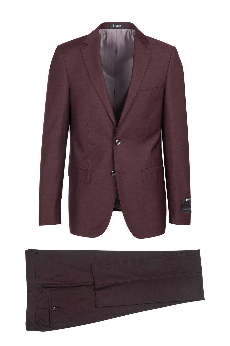 Tiglio Italian Suit - Real Wool Fabric Super 150's Porto Burgundy, Slim Fit Suit in Color Burgundy - 36S