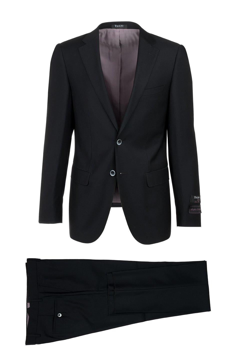 Tiglio Italian Suit - Real Wool Fabric Super 150's Porto Black, Slim Fit Suit in Color Black - 36S