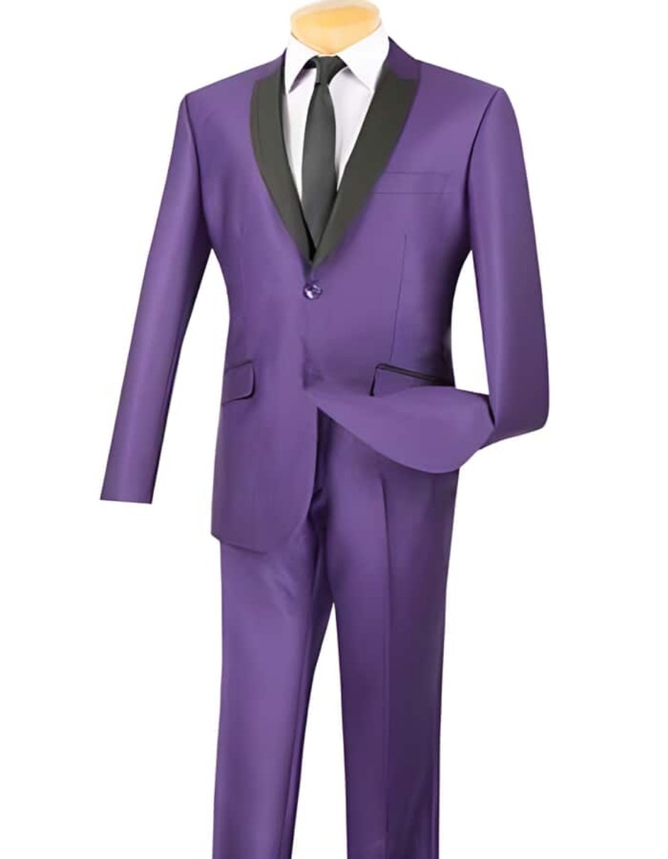 Slim Fit Two Buttons Black and Purple Two Toned Pastel Color Sharkskin Prom ~ Wedding Tuxedo Suit