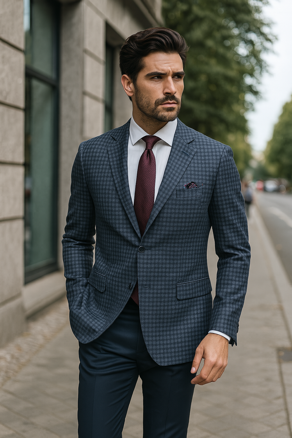 Slim Fit Wool Sport Coat Blazer for Men - Navy Blue & Burgundy Mini Check - 34 Short