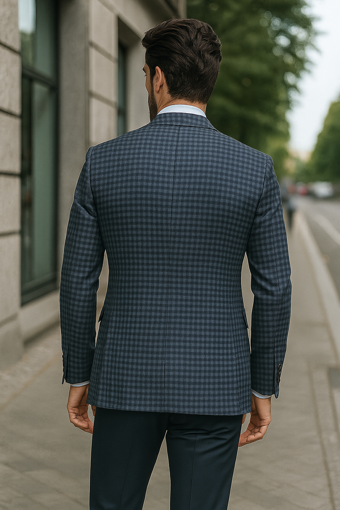 Slim Fit Wool Sport Coat Blazer for Men - Navy Blue & Burgundy Mini Check