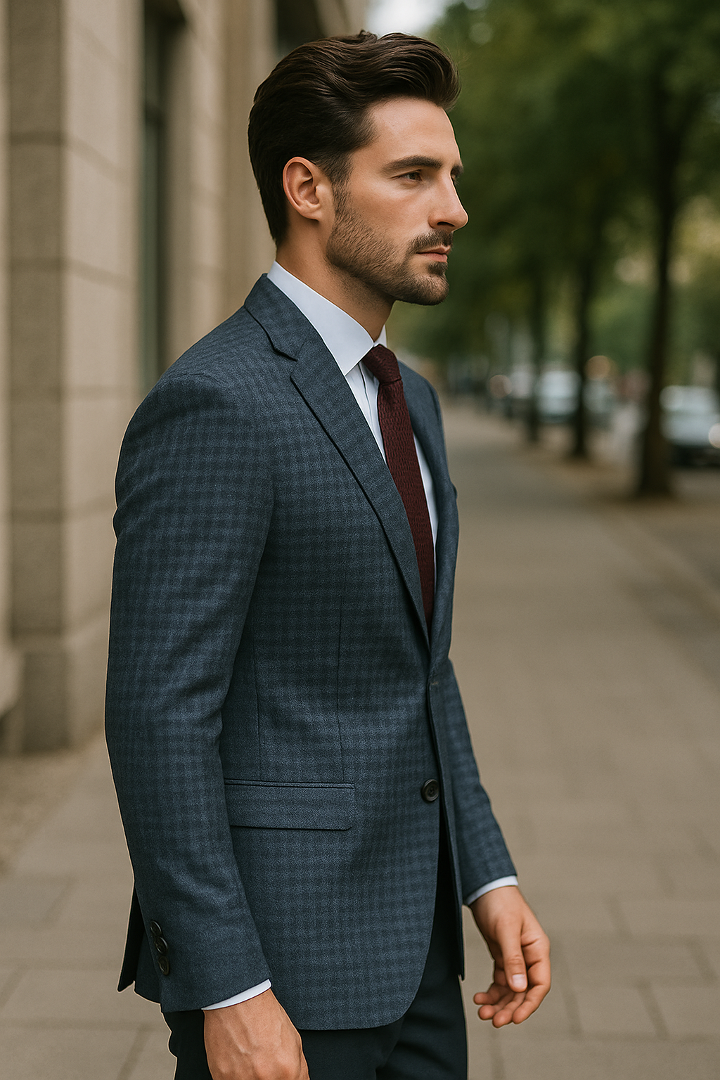 Slim Fit Wool Sport Coat Blazer for Men - Navy Blue & Burgundy Mini Check - 34 Short