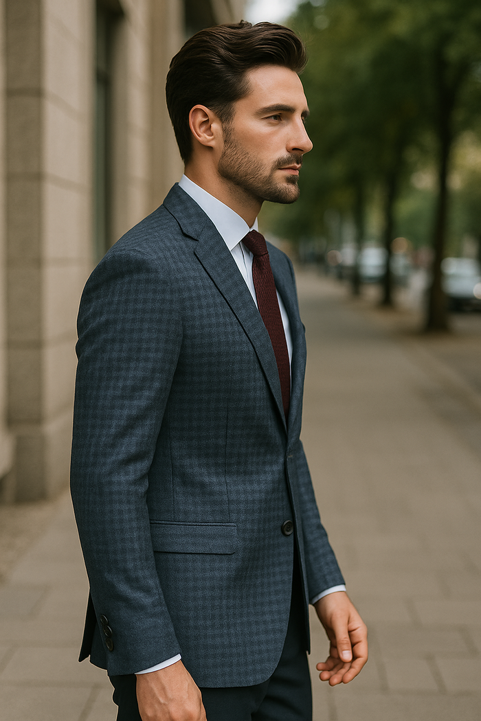Slim Fit Wool Sport Coat Blazer for Men - Navy Blue & Burgundy Mini Check
