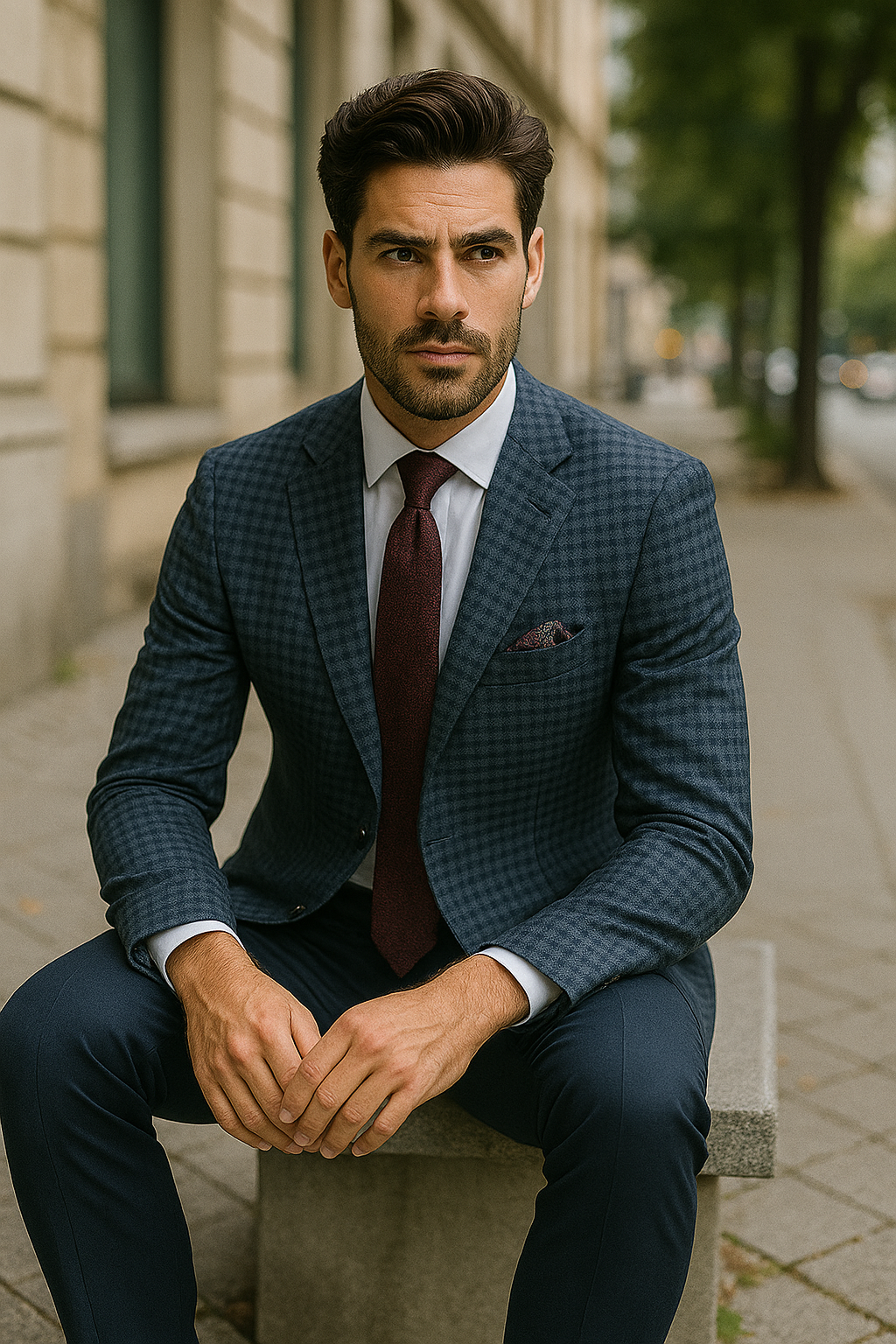 Slim Fit Wool Sport Coat Blazer for Men - Navy Blue & Burgundy Mini Check - 34 Short