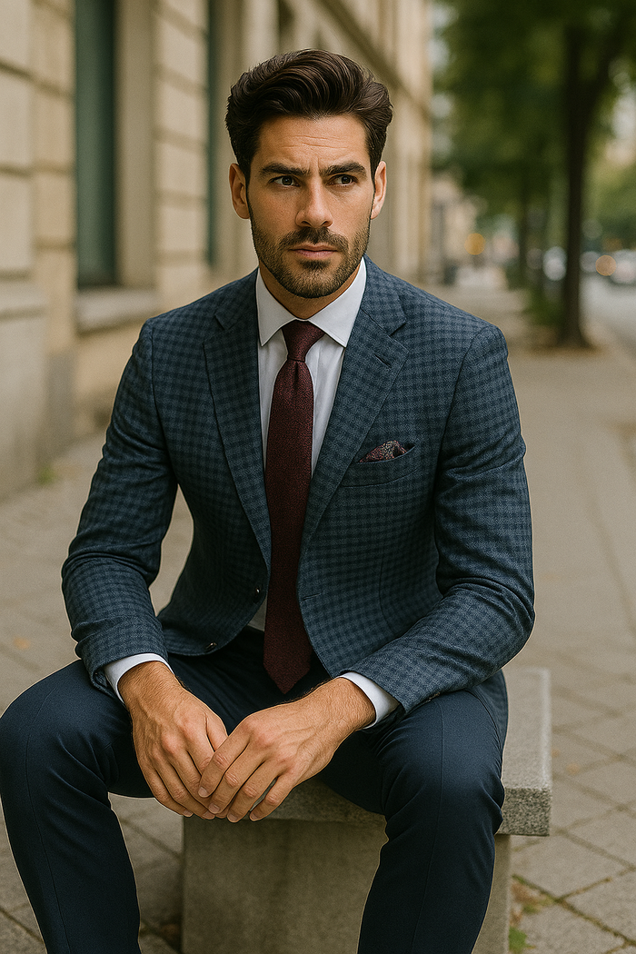 Slim Fit Wool Sport Coat Blazer for Men - Navy Blue & Burgundy Mini Check