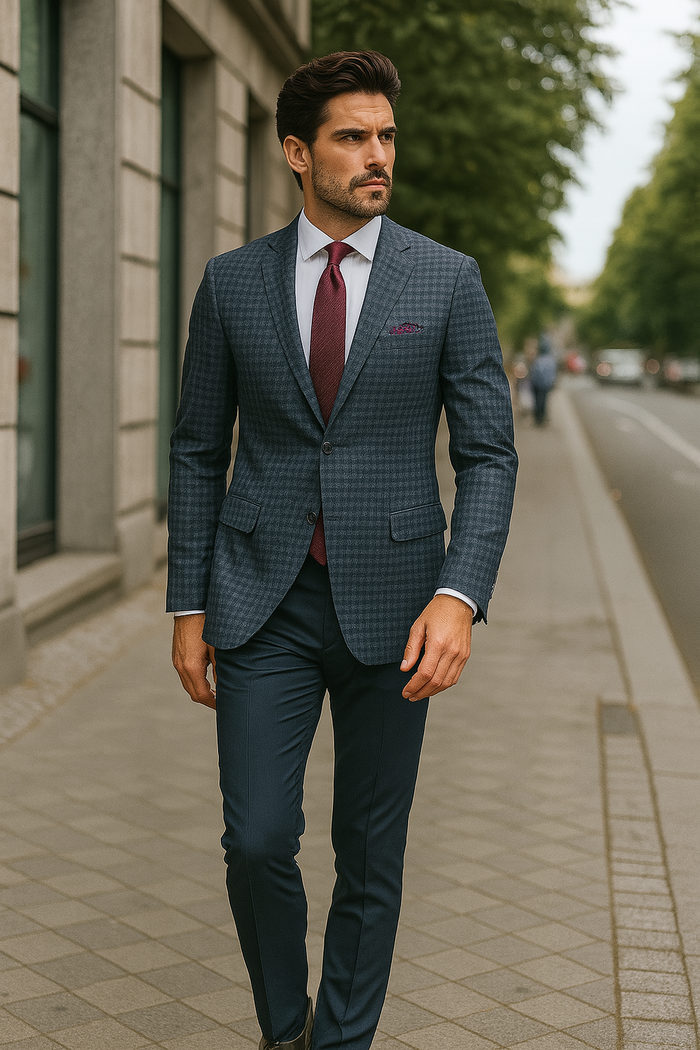 Slim Fit Wool Sport Coat Blazer for Men - Navy Blue & Burgundy Mini Check