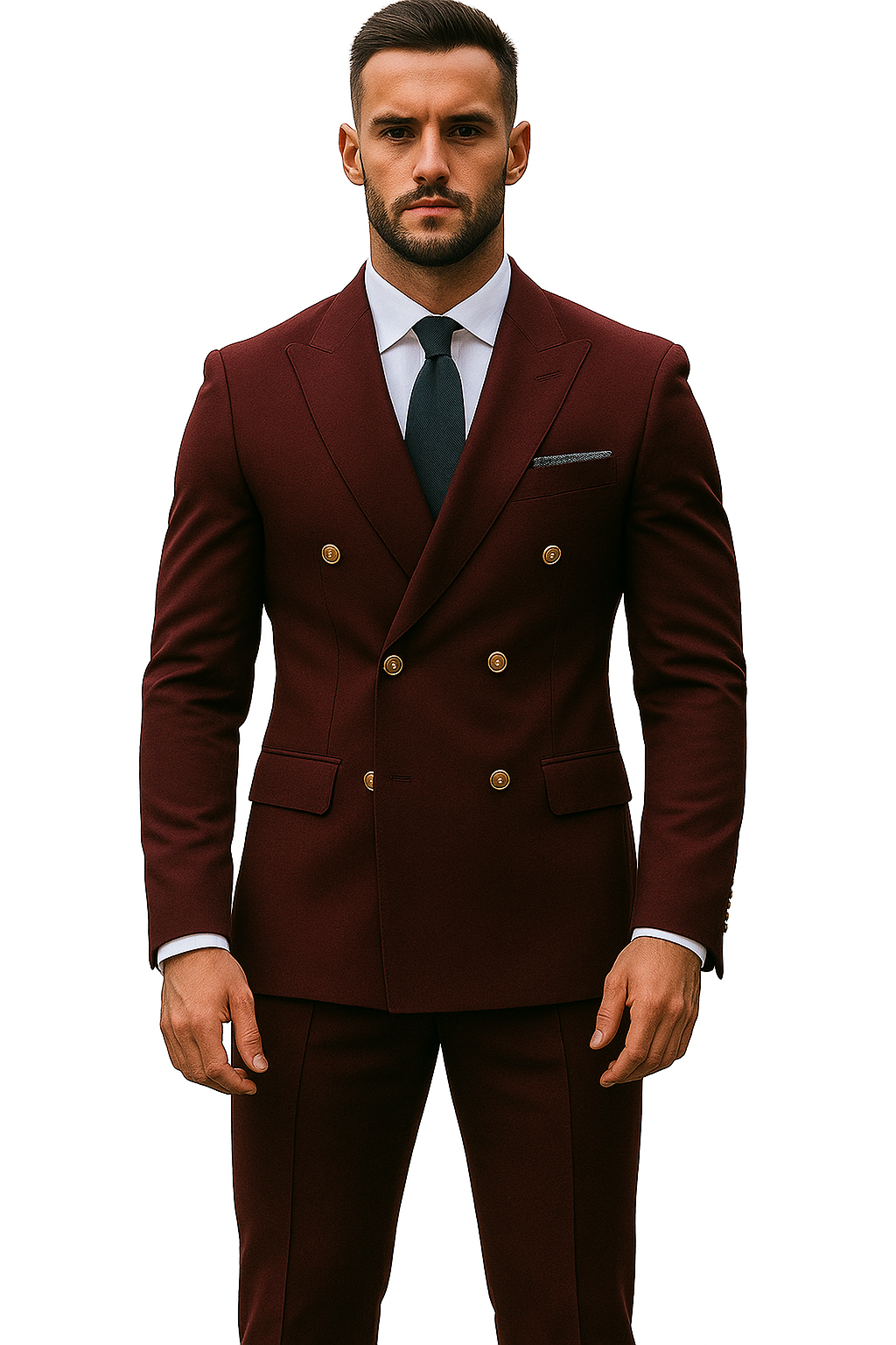Slim Fit Double Breasted Suit Gold Buttons - Burgundy Suit - Designer Wool Suits - Coat Size 38