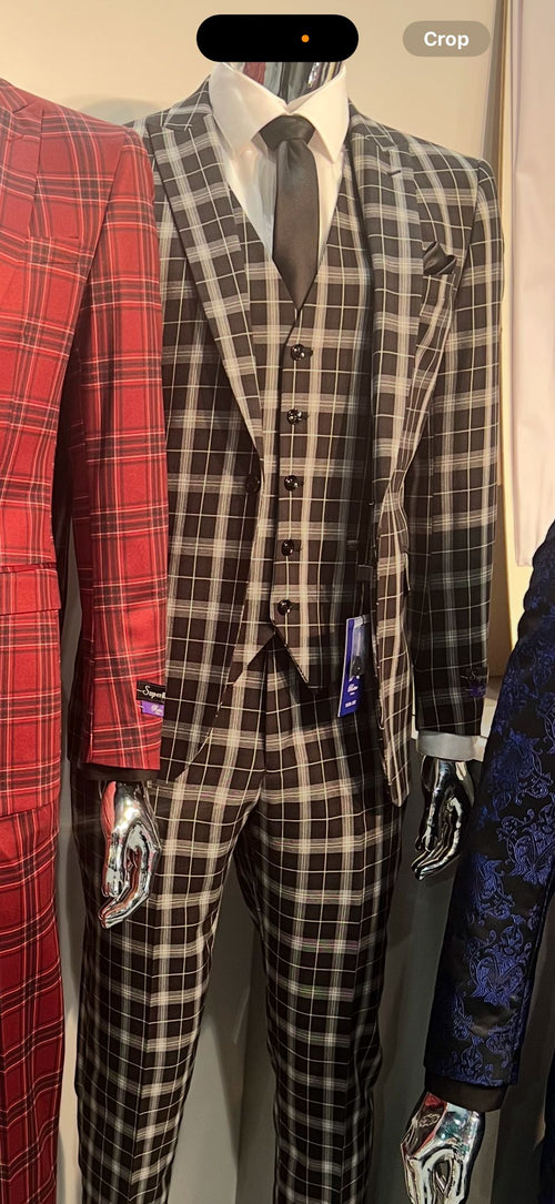 Men's Black and White Plaid Three-Piece Suit â€“ Modern Slim Fit Tuxedo for Church and Business